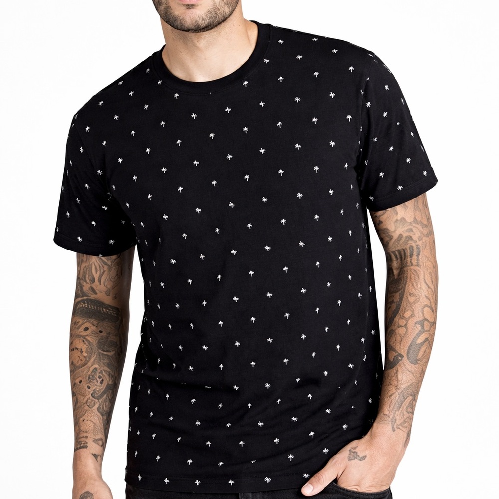 Denim & Flower Black Tee with White Palm Motif